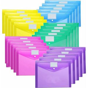 Lot De 24 Pochettes Plastique A4 Vakki - 6 Couleurs Avec Fermeture Pressions - Perforées