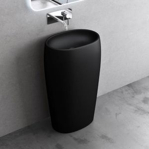 LAVABO - VASQUE Sogood Lavabo sur Pied Noir Mat Vasque Colonne en Fonte Minérale Lave Mains Ovale pour Salle de Bain 53,5x36x88cm Colossum32