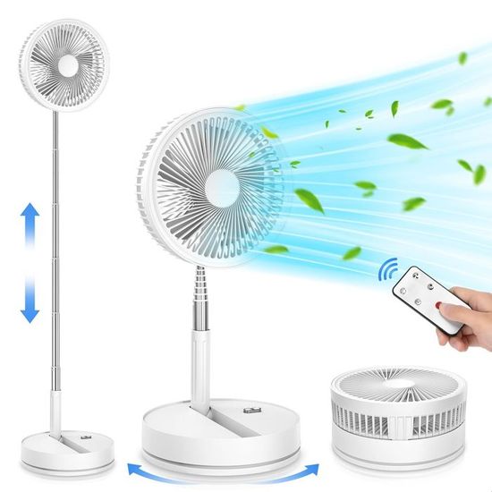 Ventilateur de sol portable silencieux de 9 pouces avec télécommande, 4 vitesses de vent, 7 200 mAh, chargement USB, pliable (blanc) - Bricolage