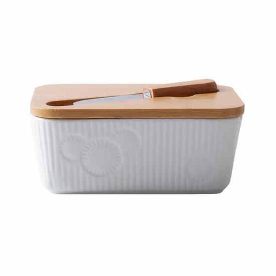 Assiette,Boîte à beurre en céramique nordique couvercle en bois avec couteau plaque d'étanchéité - Type butter container