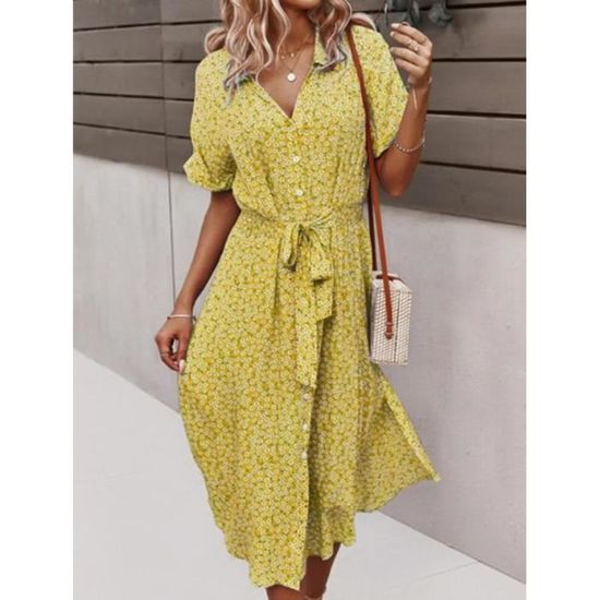 Robe Femme Allegra K Jaune Fleurie Manches Courtes Col Noué Volants – Taille Unique