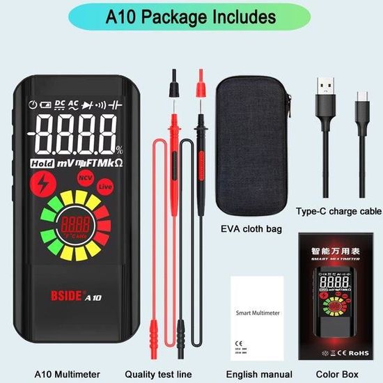 Multimètre Numérique BSIDE S10 9999 Counts - Portable, LCD, Test AC/DC, NCV, Fréquence, Capacitance - Sans Pile