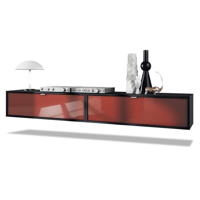 Ensemble de 2 set meuble TV Lana 100 murale lowboard 100 x 29 x 37 cm, caisson en noir, façades en Bordeaux haute brillance