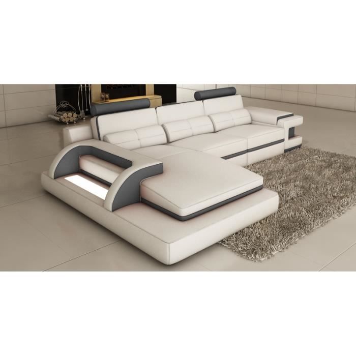 CANAPÉ D'ANGLE CUIR BLANC ET GRIS DESIGN AVEC LUMI