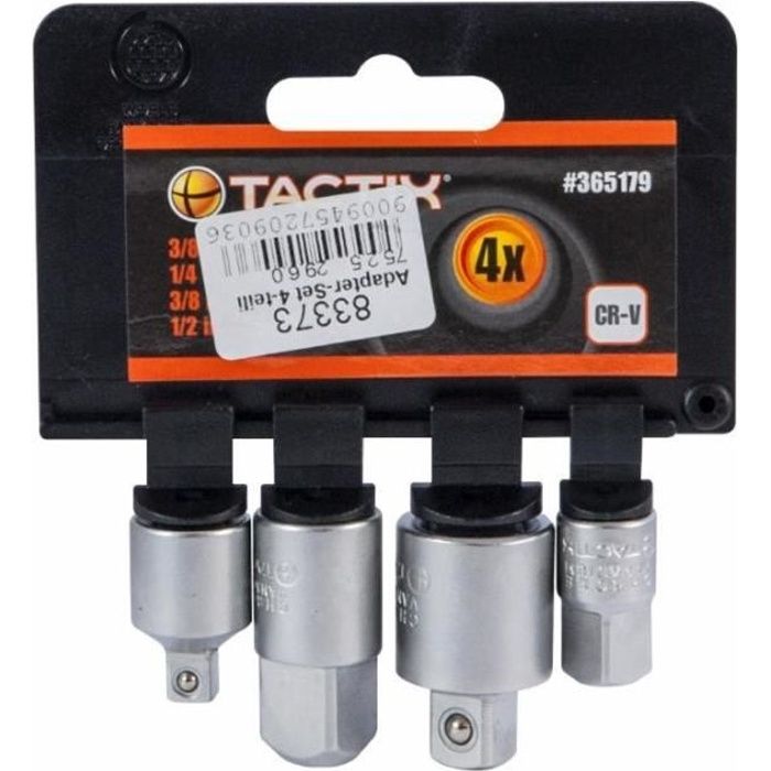 Jeu de 4 adaptateurs pour clés à douille TACTIXJeu composé de :1 adaptateur 1-4- x 3-8-1 adaptateur 3-8- x 1-4-1
