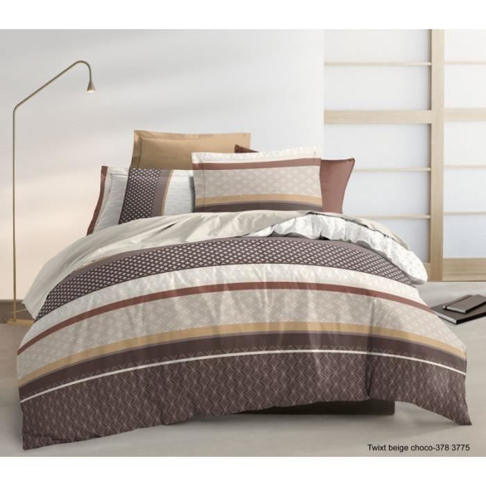 Pack 6 pièces Housse de couette 240x220 cm + drap housse 140x190 + 4 Taies d'oreiller 2x65x65 cm et 2x50x70 cm Twixt Choco