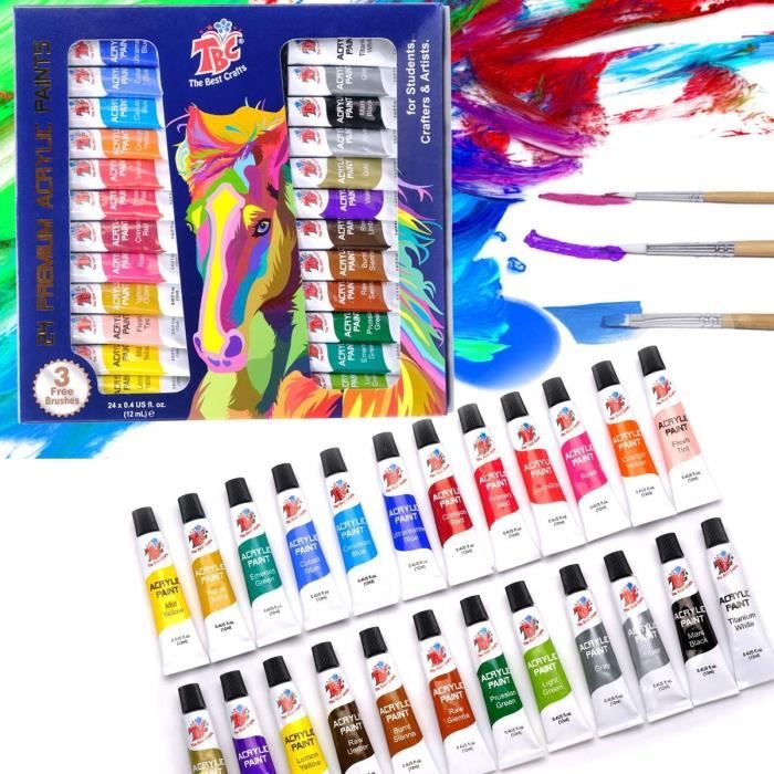 TBC The Best Crafts Lot de 24 peintures acryliques 24 x 12 ml de pigments pour enfants, adultes, filles, garçons, é537