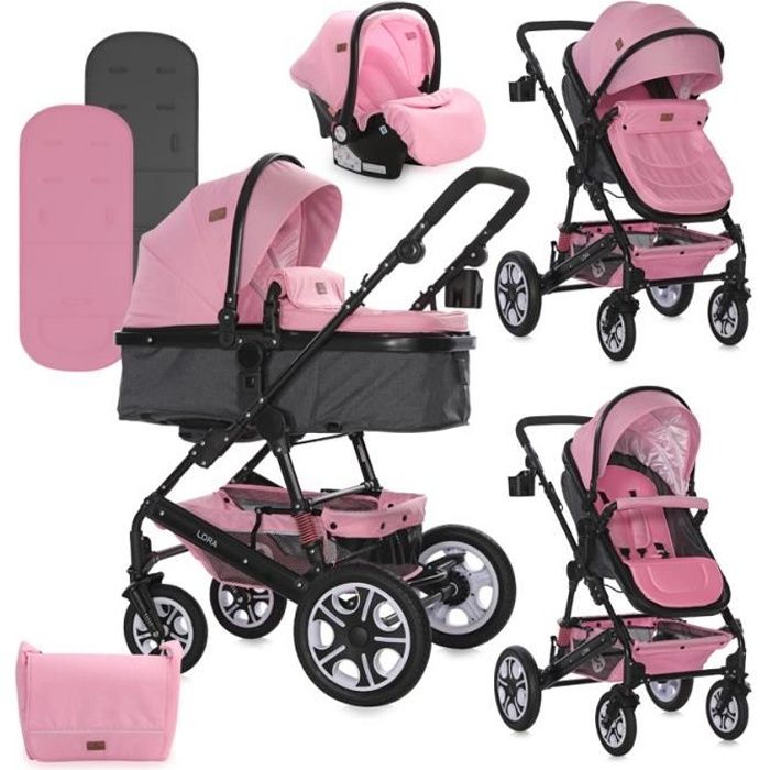 Poussette combinée trio 3 en 1 avec siège auto, nacelle (landou) LORA SET Lorelli rose