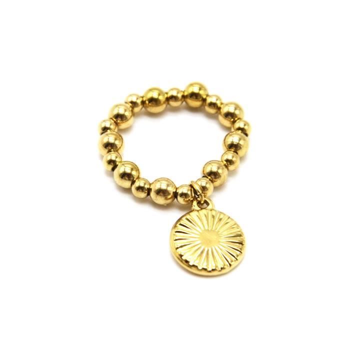 BG1507 - Bague Elastique Billes avec Pampille Médaille Rayons Acier Doré