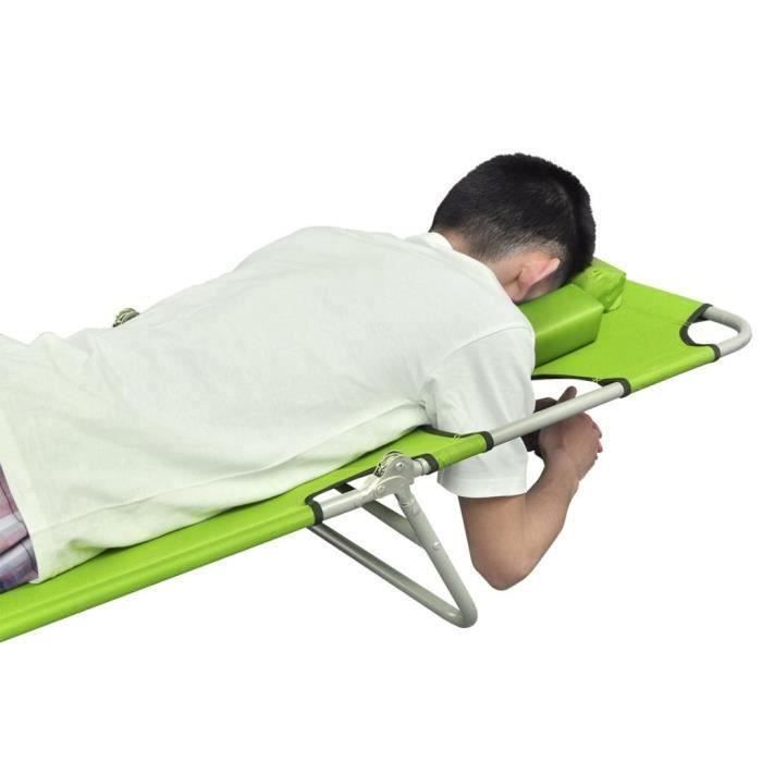 Chaise Longue de Jardin,Chaise Longue pliante,Bain de Soleil Transat avec coussin de tête Acier enduit de poudre Vert