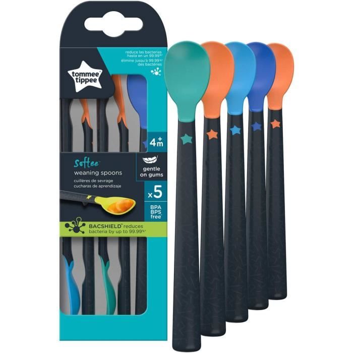TOMMEE TIPPEE Cuillères de Sevrage Softee, Manche Long/Anti-dérapant, Ultra-douces 4+ Mois, Lot 5 Pièces