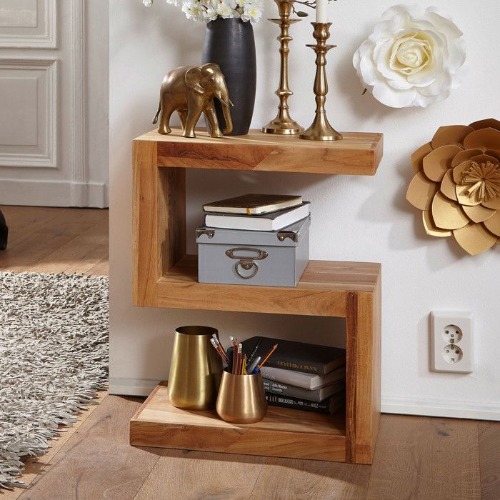 WOHNLING Table en bois massif Acacia -S- Cube 60 cm salon chambre haute table design table basse de style campagnard brun