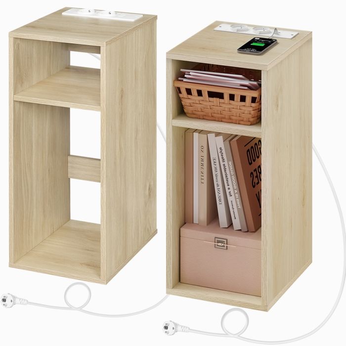 WOLTU 2x Table de Chevet Table d’appoint avec Station de Charge Bout de Canapé 2Ports USB+2Prises 25x30x60cmGrain Bois Clair