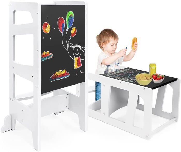Tour D'Apprentissage Montessori JASPER - Bois Massif - 3 Hauteurs Réglables - Blanc - Sécurité Anti-Bascule