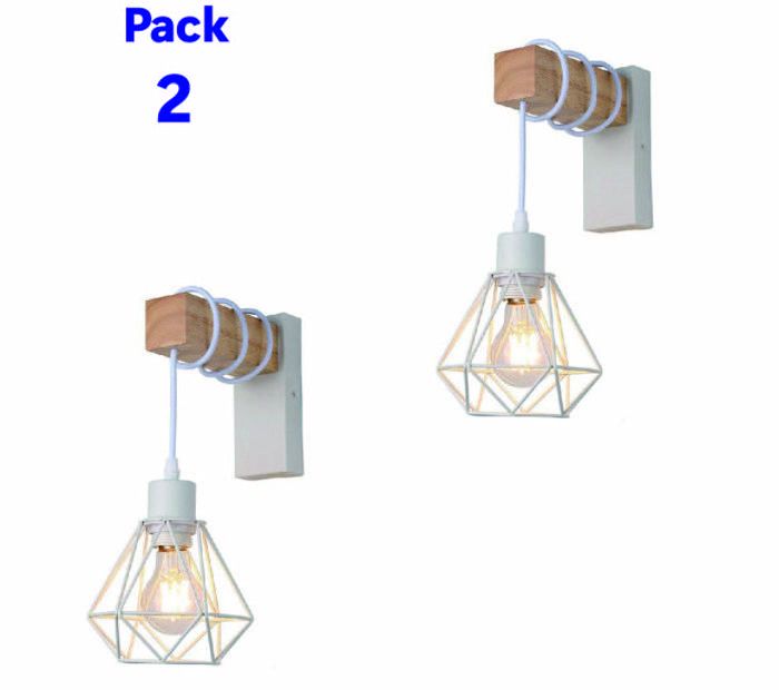 Paquet de 2 Appliques Murales en Bois Vintage avec Écran en Cage Blanche et Porte-lampe Suspendu E27 pour Salon Couloir