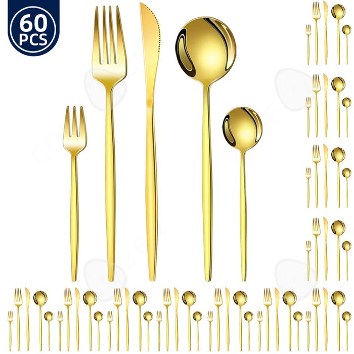 Set De Couverts En Acier Inoxydable Doré 60 Pièces - Service 12 Personnes - Design Sculpté - Cadeau élégant