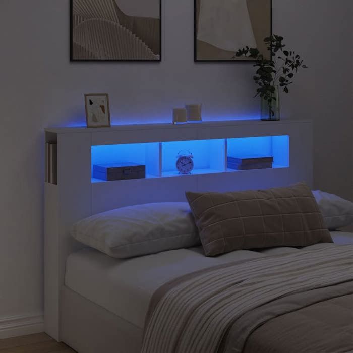 Tête de lit à LED-Armoire de tête de lit avec éclairage LED-Panneau de tête de lit blanc 160x185x1035 cm bois dingénierie