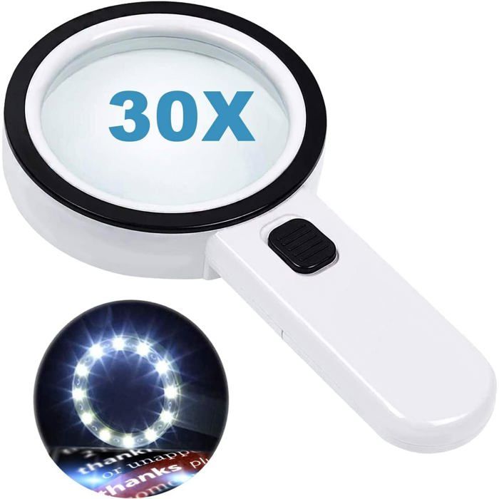 Loupe éclairante 30X Avec 12 LEDs - Lentille Verre 80mm, Couleur Blanche, Idéale Pour Lecture Et Bijoux