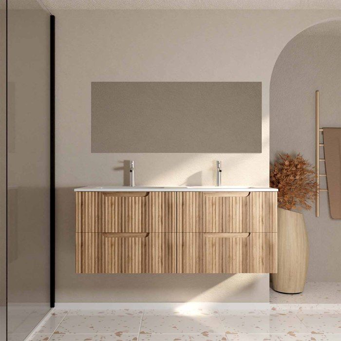 Meuble de Salle de Bains LEON 120cm Décor Bois - 4 Tiroirs en MDF Ondulés - Vasque à encastrer