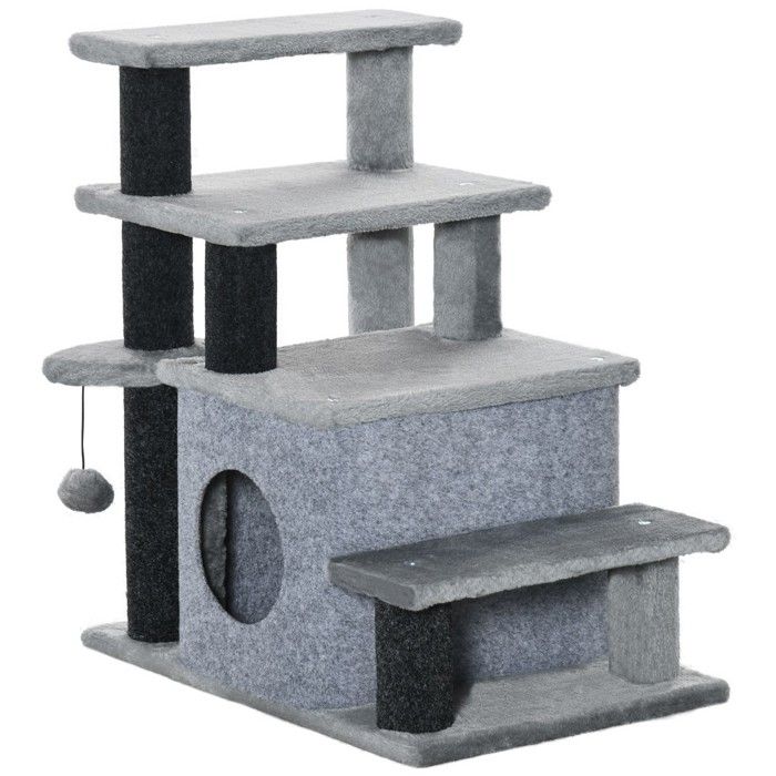 Pont - Escalier Escalier chat 3/4 marches avec niche & balle jeu - Revêtement peluche et aggloméré robuste - Pour chats Pont - Escalier Escalier chat 3/4 marches avec niche & balle jeu - Revêtement peluche et aggloméré robuste - Pour chats