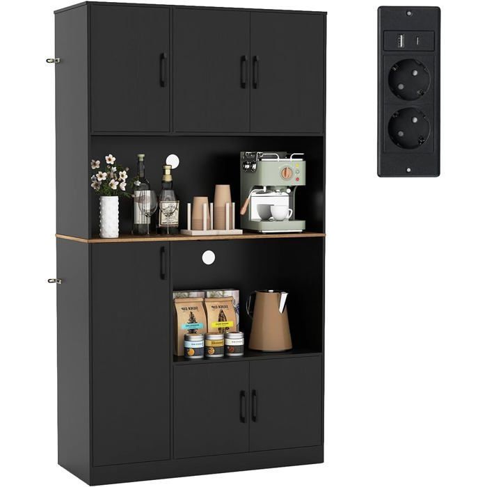 Buffet de Cuisine 180 CM avec Prise de Recharge COSTWAY avec Support Micro-ondes Station de Bar à Café Moderne en Bois Noir