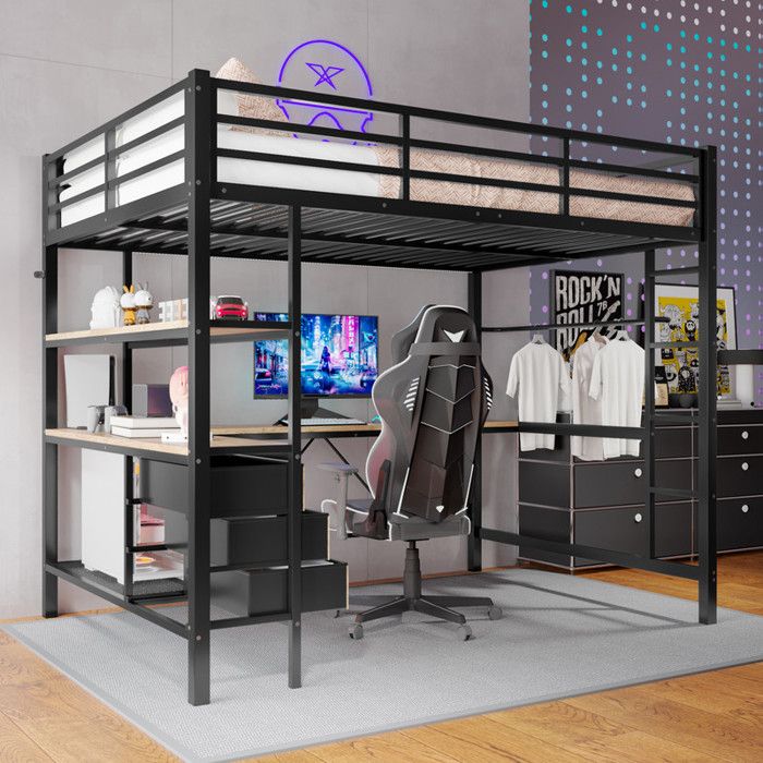 Lit Mezzanine Enfant 140x200cm avec BarrièRes et Escalier Lit Double LED Lit Enfant Double 2 en 1 avec Bureau et 3 Tiroirs Noir