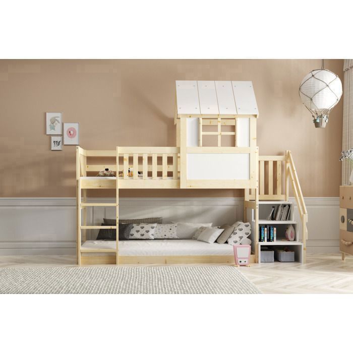 Lit Mezzanine Cabane Superposé 90x200 cm avec Escalier Rangement – Bois Massif Pin Naturel Espace Jeu / Lit au Sol & Sommier Inclus