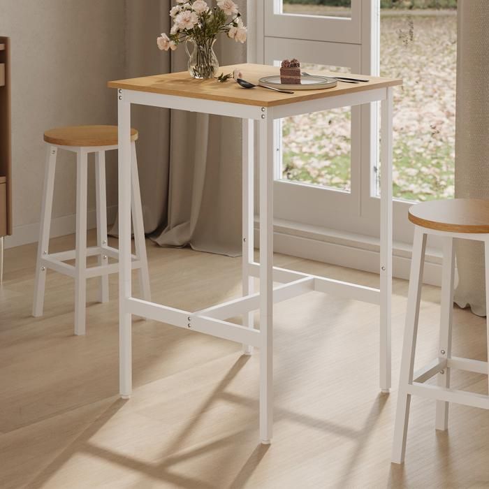 Table Haute - Style Industriel - Chêne et Blanc - Cadre en Acier - 60x60x92 cm