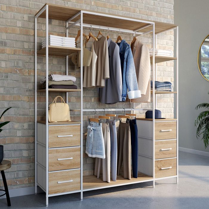 IDMARKET Dressing double penderie + double colonne L. 140 cm UTAH avec 6 étagères et 6 bacs en tissu bois et blanc IDMARKET Dressing double penderie + double colonne L. 140 cm UTAH avec 6 étagères et 6 bacs en tissu bois et blanc
