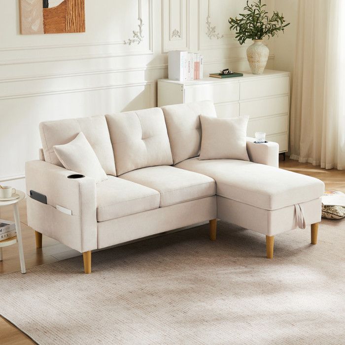 Canapé 3 places moderne en L - Avec 2 porte-gobelets - 2 coussins - Avec rangement - Beige