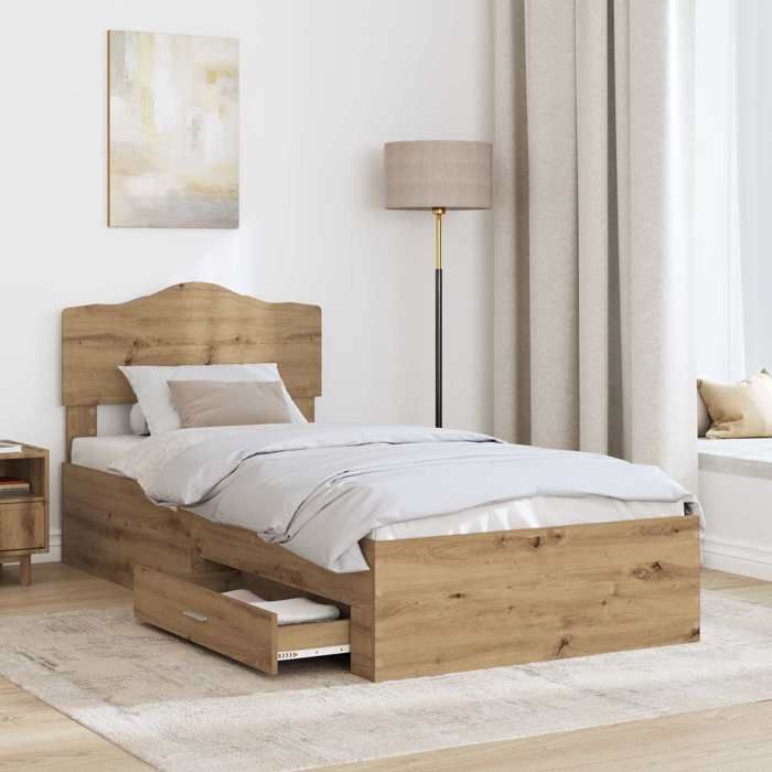 Sarazyj®Meuble lit - Marron Cadre de lit - 1 place - Contemporain - chêne artisanal - 100 x 200 cm - bois dingénierie - 65684