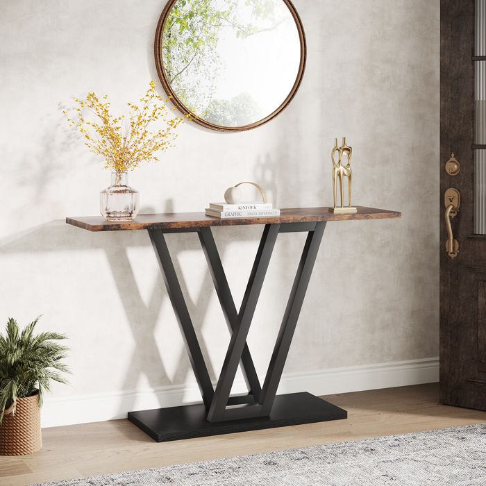 Table console - LITTLE TREE - 110 cm Rétro - Plateau bois massif - Cadre métal noir - Marron rustique