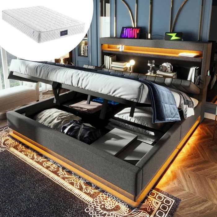 Lit rembourré 160x200 avec rangements et LED Maisentiel