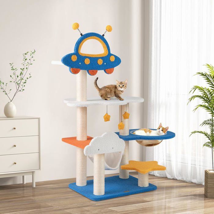 GIANTEX Arbre a Chat de 124 cm Tour pour Chat à Plusieurs Niveaux Thème de lEspace Capsule Spatiale Poteaux à Gratter en Sis