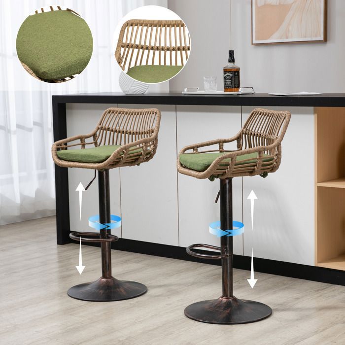 Tabourets de bar - HIBA - Modèle Classic - Réglables 65–85 cm - Pivotants 360° - Rotin PE vert