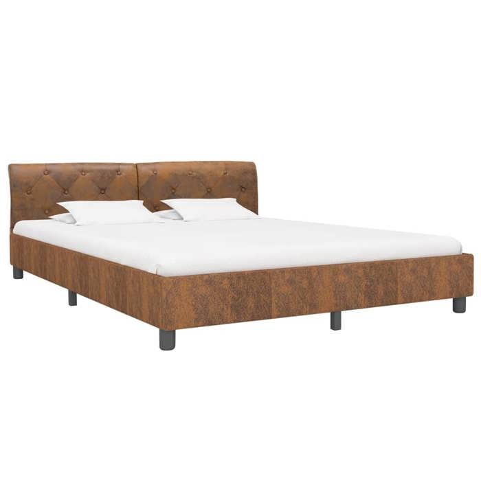Ventes à perteStructure/Cadre de lit - SARAZYJ - Lit double - Meuble de chambre - sans matelas - marron similicuir daim 160 x 200c