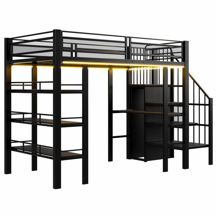 Lit mezzanine 90x200 cm fer forgé noir LED rangement étagère prise lit simple multifonctionnel sans matelas