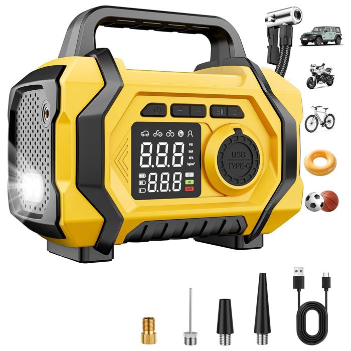 Compresseur dair portable sans fil 150 PSI – Gonfleur de pneus 6 fois plus rapide écran LCD arrêt automatique.