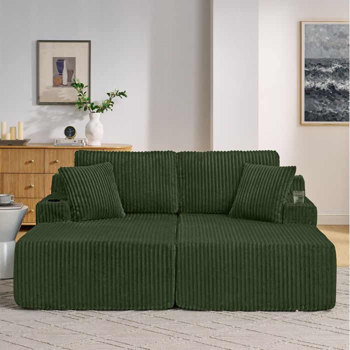 Canapé convertible 2 places vert lounge et relax en tissu côtelé doux avec porte-gobelet