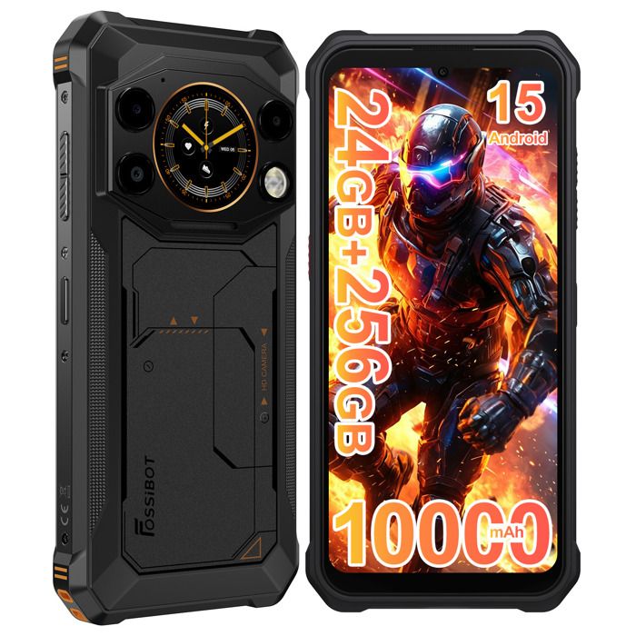 FOSSiBOT F117 Smartphone Robuste 24Go + 256Go 10000mAh Écran 675 + 1.32” Android 15 50MP Téléphone Double SIM 4G Orange