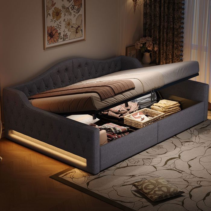 Lit coffre - SOGEU - Lit banquette coffre 140x200 - Tissu lin gris rembourré - Sommier à lattes - LED 7 couleurs