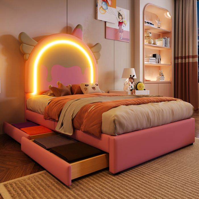 Lit enfant - KOMHTOM - Licorne - 90 x 200 cm - 2 tiroirs - LED intégrée PU rose Lit enfant - KOMHTOM - Licorne - 90 x 200 cm - 2 tiroirs - LED intégrée PU rose