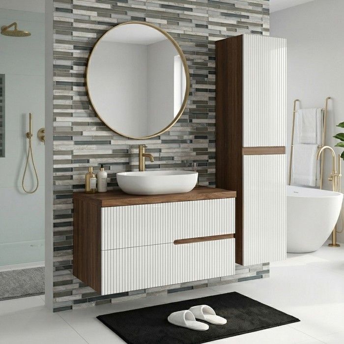 Ensemble meuble vasque à poser L.100cm + 1 colonne suspendu Chêne Moka 2 tiroirs Blanc brillant cannelé EVA Ensemble meuble vasque à poser L.100cm + 1 colonne suspendu Chêne Moka 2 tiroirs Blanc brillant cannelé EVA