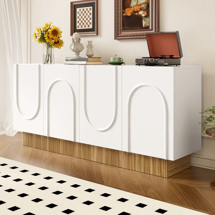 Buffet moderne à 4 portes 160 × 75 × 38 cm panneaux de portes bombés en relief meuble de rangement pour salon blanc et ton bois.
