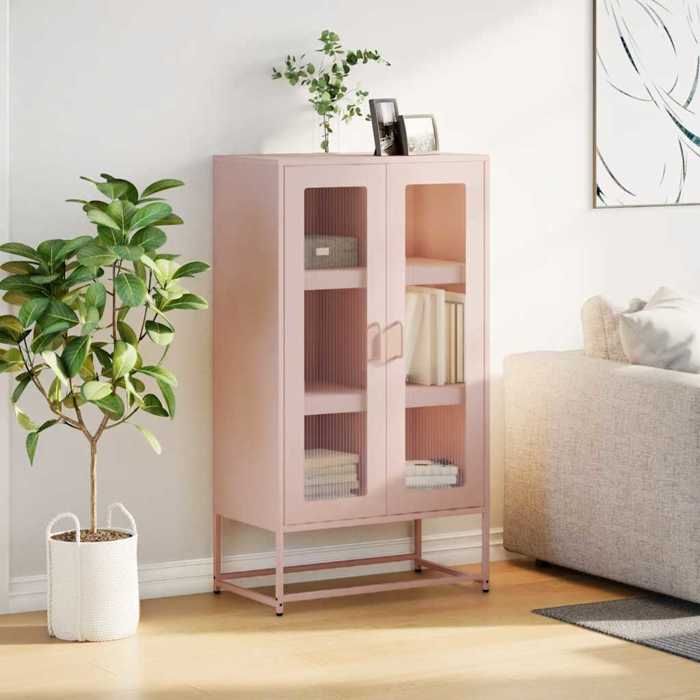 (16030)Meuble rangement - Buffet haut - contemporain - rose 68x39x123 cm acier poid:27.72 kg