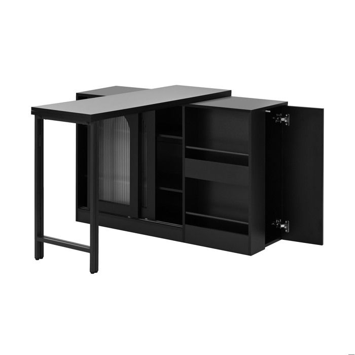 Table bar extensible avec rangement – 360° pivotante portes vitrées rainurées noir 121 5 x 40 x 76 7 cm