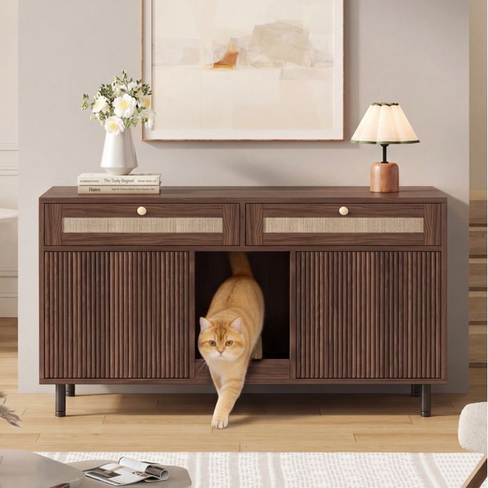 WOVREO Meuble cache-litière pour chat 120 x 50 x 65 cm avec 2 tiroirs double porte tapis inclus noyer MDF