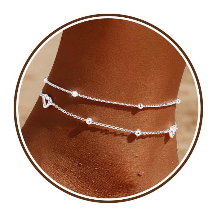 Bracelet De Cheville En Or 14 Carats Pour Femme-Plaqué Or 14 Carats-Étanche-Cœur-Exquis-Perles Multicouches-Pendentif En For[CA187]