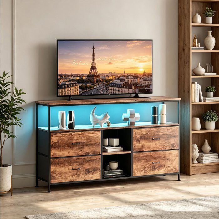 Commode à 4 tiroirs en tissu Meuble TV avec LED Commode Chambre étagères ouvertes Style Rétro 137 x 29.8 x 78 cm