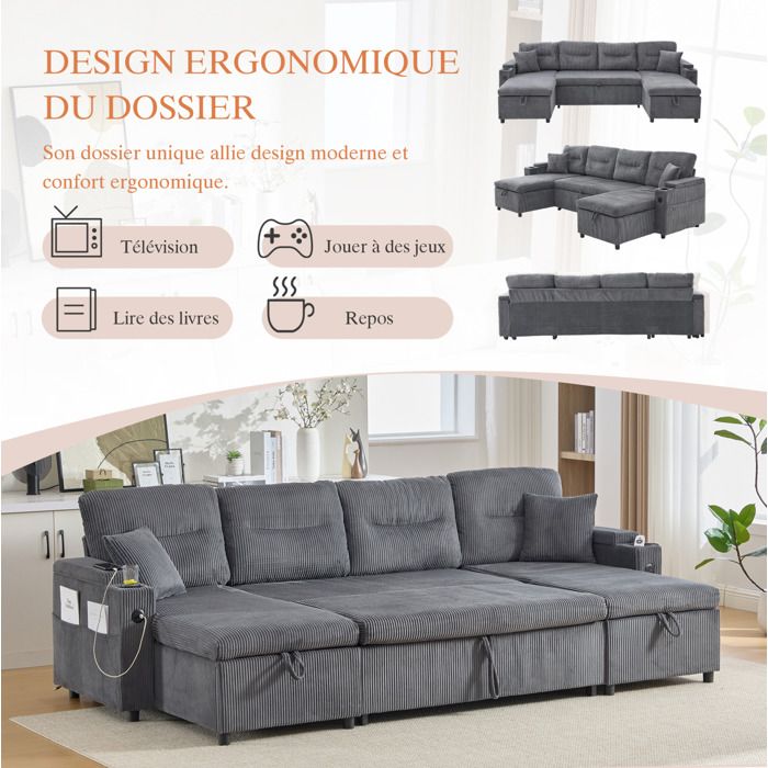 Modenuit Canapé convertible 4 places à double méridienne avec rangement porte-gobelets et USB Type-C gris carbone